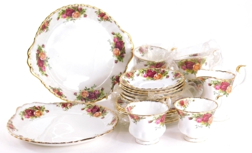 Auctioneer Announce: IN ORIGINAL BOX and circa 1962. A boxed Royal Albert Old Country Roses part tea service, to include serving plate, 21cm wide, cups, saucers, etc., printed marks beneath. (a quantity)