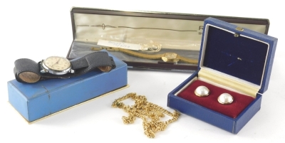 Various jewellery and effects, a Rotary seventeen jewel wristwatch, with 3cm Arabic dial on leather strap, a gold plated ladies Rotary cocktail watch, a heavy link Safira necklace and a pair of Mappin & Webb clip earrings. (a quantity)