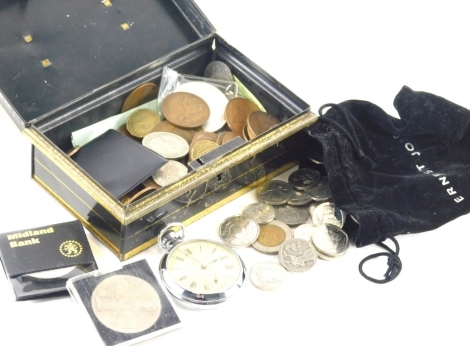 An Ingersoll chrome plated pocket watch, with Roman numeric dial and subsidiary Arabic second hand in a plain case, 5cm diameter and a quantity of coins various low denomination etc.