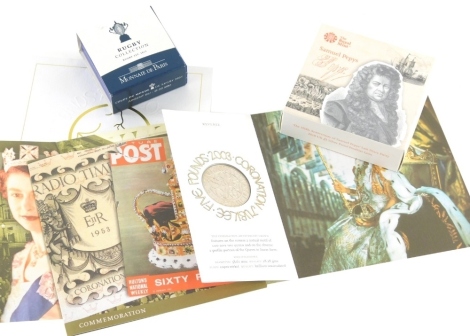 Various coins, a Royal Mint Samuel Pepys commemorative bi-colour silver Piedfort £2, proof in outer case and box, with paperwork, a cased Rugby Collection coin set and an anniversary Coronation crown (3)