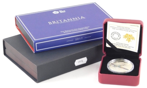 A Britannia Constant Classic Royal Mint coin, boxed with paperwork 1oz, a withdrawn Victorian sixpence and a $20 Canada 2017 Hurricane coin all cased (3)