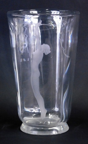 A 20thC Art Glass vase, engraved with a nude female, on circular foot, unmarked, 25cm high.