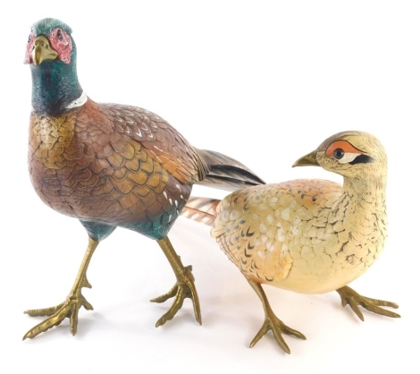 A Malevolti painted and gilt metal figure of a standing pheasant, 27cm high, and another. (2)