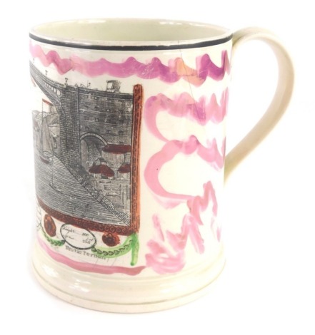 A late 18thC Jay Phillips Hylton pottery Sunderland lustre frog mug, Ironbridge Memorial, decorated in colours, 15cm high.