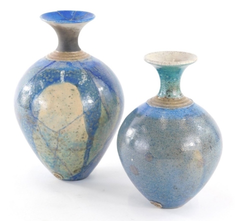 Two Studio pottery vases, by Eleanor Newhall, one with blue speckled glaze and turquoise trumpet stem, 17cm high. (AF)