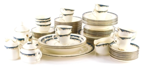 A comprehensive Minton & Grosvenor pattern part dinner service, to include oval meat plate, teapot, 18cm high, two handled sucrier, milk jug, serving plate, dinner plates, side plates, etc., printed marks beneath, part settings for eight. (a quantity, sec