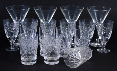 Various crystal, glassware, etc., four cocktail glasses, 18cm high, whiskey tumblers, unmarked. (a quantity)