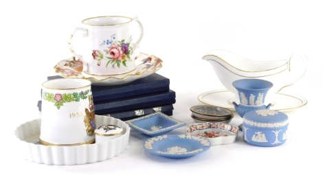 Various china and effects, Wedgwood Jasperware saucer, 11cm diameter, Royal Worcester Contessa gravy boat on stand, quiche dish, loving cup, etc. (a quantity)