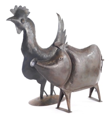 A forged metal cockerel, on domed base, 47cm high and another figure of a pig. (2)