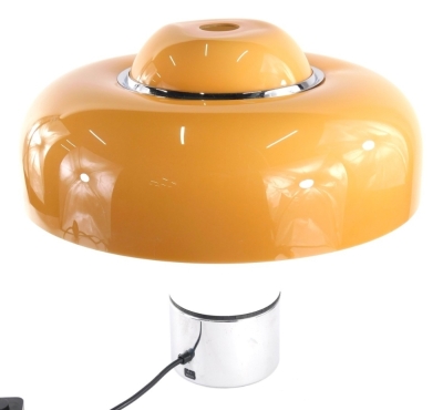 A Harveiluce Harvey Guzzini table lamp of mushroom form, with brown shade and cylindrical stem, modern electrical fitting, 34cm high. WARNING! This lot contains untested or unsafe electrical items. It is supplied for scrap or re-conditioning only. TRADE