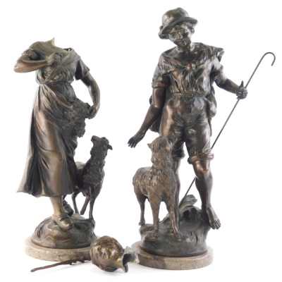 After Mouldet, A pair of French spelter figures, of a shepherd and shepherdess, each stood aside goats, on grey marble bases, 46cm high, etc. (2, AF)