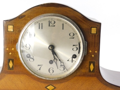 A mid 20thC mahogany Napoleon hat chiming mantel clock, the 14cm diameter, Arabic dial held in a shaped partially inlaid case, on squat feet, with chiming eight day movement, 27cm high. - 2