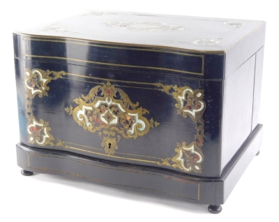 A 19thC French black lacquered decanter box, of serpentine rectangular form, inlaid with metal work and mother of pearl to the initialled lid, hinging to reveal a part fitted interior set with decanter bottles and glasses, on a serpentine base terminating