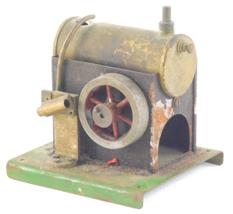 A 20thC Mamod style stationary engine, with cylinder and articulated cog, on a green metal base, unmarked, 14cm high.