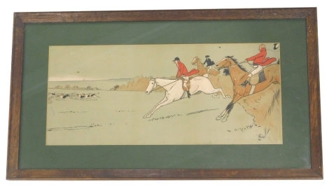 After Aldin. Huntsmen Jumping Hedge, with hounds and buildings in the distance, print, 20cm x 46cm.