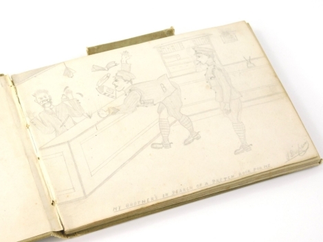 An early 20thC sketch book, containing pencil cartoon drawings, etc., boxing match White Hope 1920 to fight Carpenter, Jazzroom Christmas 1919 picture soldiers, The Simpson brothers, further cartoon drawings, etc., army related, motorbikes, detailed maps,