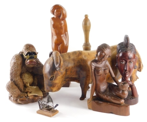 Various treen, an African tribal bust, 30cm high, brass bell with turned wooden handle, buffalo, etc. (a quantity)