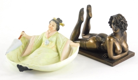 A bisque Yellow Peril Geisha nude figure, 13cm wide and a modern bronze type Art Deco figure style of a semi clad female. (2)