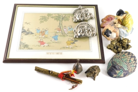 A Japanese wood block print of children playing blind man's buff, signed, 28cm by 36cm, various other oriental and Eastern artefacts, warthog ornament, figure two brass finish temple dogs, etc. (a quantity)