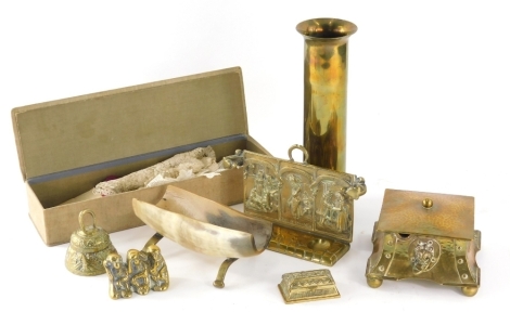 Various brass ware, an Arts and Crafts ink well partially hammered set with glass insert, 8cm high, a hand bell, shell case, various antique lace. (a quantity)