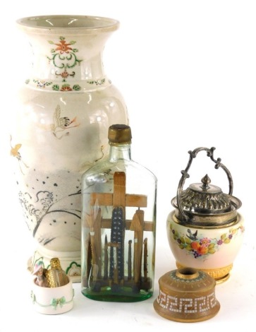 Various China and effects, an early 20thC Japanese pottery vase decorated with birds on white ground, 34cm high, Doulton Silicon ink stand, Edwardian preserve jar with plated mounts, cross in bottle, miniature perfume bottle, shoulder dolls, etc. (a quant