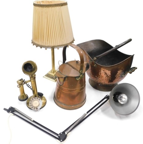 Metalware, brassware, etc., a brass table lamp with material shade, 54cm high, a modern Anglepoise lamp, coal helmet, candlestick, telephone, etc. (a quantity)