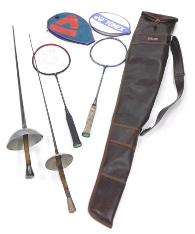 A Smyth Bros Coleraine leather finish gun case, a pair of fencing foils, squash racquets, etc. (a quantity)