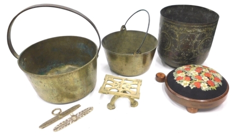 Various brassware, a jam pan with iron handle, 36cm diameter, cylindrical eastern coal bucket, mahogany framed hassock, etc. (a quantity)