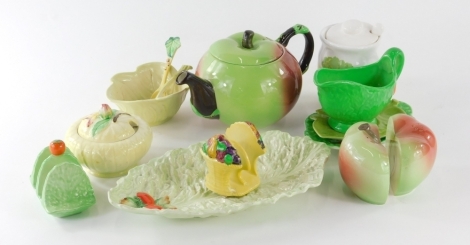 Various Carltonware, leaf dishes, apple shaped teapot, 13cm high, gravy boat, serving spoons, etc. (a quantity)