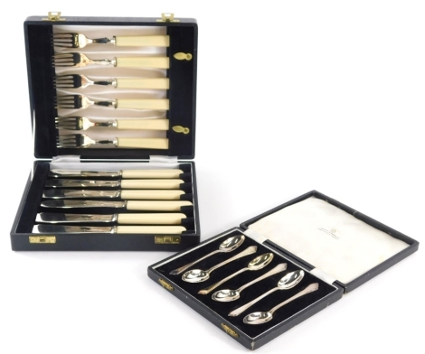 A cased set of George V six silver teaspoons, by Mappin & Webb, with shaped handles, Sheffield 1934, 2oz, and a cased set of silver plated fish eaters. (2 cases)