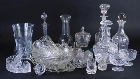 Various glassware, a cut glass decanter with shaped stopper, 33cm high, other glassware, crystal, moulded glass, a Galway Irish crystal cased paperweight, other glassware, vases, etc. (a quantity)