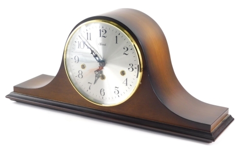 A modern Hermle chiming Napoleon hat mantel clock, with 18cm diameter Arabic dial, 8 day chiming movement, in plain case, 24cm high.