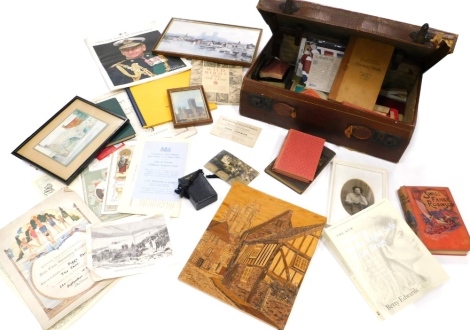 A suitcase containing various books, ephemera, Abell and Chambers (EL and JD), the story of Lincoln, Up The Imps sash, Wild birds And The Land, Silent Worship, various other books, parquetry picture, etc., the case 49cm wide.