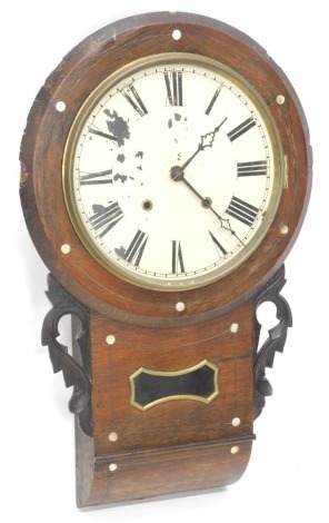 A 19thC American drop dial wall clock, with 29cm Roman numeric dial, in carved case with visible pendulum and eight day movement, 76cm high.