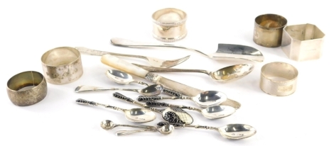 Various silver and silver plated ware, enamel teaspoons, napkin rings, silver and others, an Elizabeth II napkin ring of plain form, Birmingham 1996, 5cm diameter, various others, etc., 6oz of silver. (a quantity)