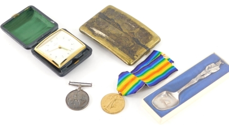 Various items, World War I medal duo, comprising campaign and victory medals, each marked the first 2212 BMR F Mills RA, the second O7989 SJT A B Stokes AOC, cased spoon, cigarette case and a Junghans Bivox travel clock. (a quantity)