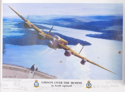 Aspinal (20thC). Gibson Over The Mohne, artist signed print with other Dambuster related signatures, to include Barton, Joe Beck, Reg Spencer, Sam Thompson, Keith 'Lofty' Stretch, etc., 25cm x 36cm.