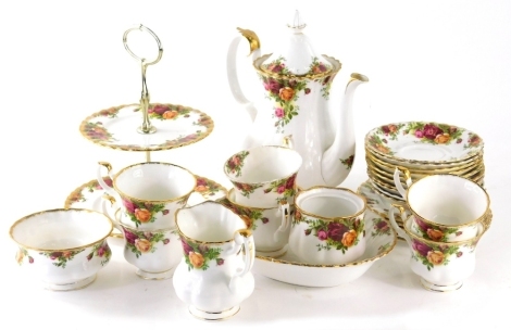 A Royal Albert Old Country Roses part service, to include, coffee pot, 27cm high, various tea cups, milk jug, sugar bowl, open dish, two tier cake stand, etc., printed marks beneath. (a quantity)