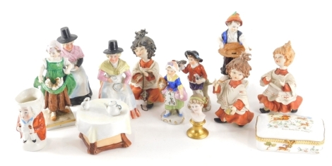 Various porcelain figures, pair of Sitzendorf figures of girl and boy, each dressed in finery, 13cm high, Capodimonte and other figures, lidded box, Welsh women candle snuffers, etc. (a quantity)