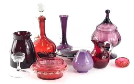 Various ruby, cranberry and other glassware, lidded bon bon bowl, 26cm high, red glass jug with clear glass handle, other glassware, decanter, etc. (a quantity)