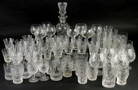 Various crystal pressed glassware, drinking glasses, whisky tumblers, 8cm high, decanter with shaped stopper, various other suites of glass, etc. (a quantity)