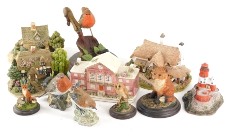 A 19thC Staffordshire pink lustre building, with glazed flowers, centred by painted clock, 10cm high, various other figure groups, Country Artists fox CA270, bird ornaments, robin by J Mack, quantity of Lilliput Lane buildings, to include Canterbury Bells