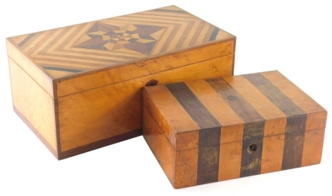 A late 19thC parquetry box, inlaid with a shaped diamond lid, 15cm high, 34cm wide, 22cm deep, and a striped jewellery box. (2)