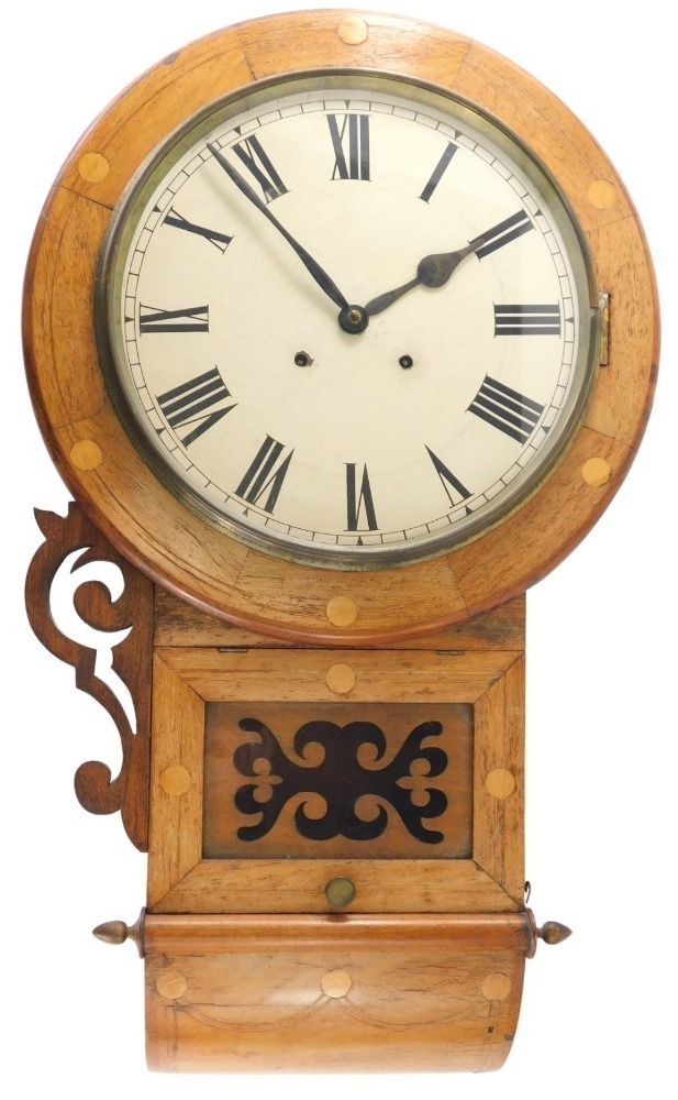 A 19thC rosewood and inlaid American drop dial wall clock, the 31cm ...