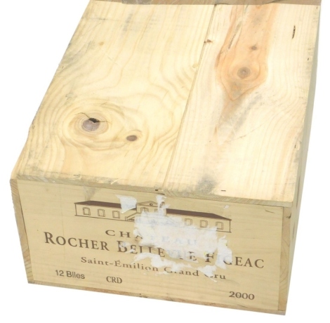 Wine, Rocher Belle Vue Figeac Saint-Emilion Grand Cru 2000, in unopened pine case. (12 bottles)