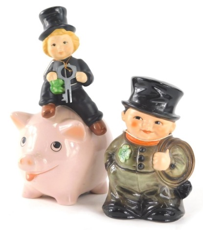 Various Goebel Hummel figures, moneybox, with key, child holding rope, 15cm high, and a further money box child on pig, with key. (2)