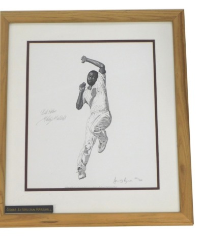 David Byrne (20thC), Malcolm Marshall bowling, artist signed limited edition print 351 of 500, signed by Marshall, 29cm x 24cm.