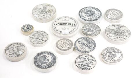 A quantity of pot lids, comprising a black and white transfer printed pot lid, Burgess Anchovy Paste lid 9cm diameter, a John Gosnell transfer printed Cherry toothpaste pot lid, black and white transfer printed, 8cm diameter, an Atkinson rose Cold cream,