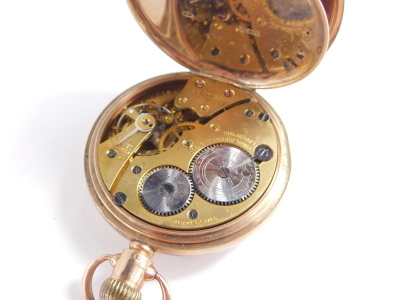 A 9ct gold open faced pocket watch, the 4cm dia. dial with Roman numerals and subsidiary Arabic second hand marked Thos Russell and Sons, Liverpool, in a plain case marked 9.375 and numbered 9747, the movement marked PREMIER, 6cm high, 80g all in. - 4