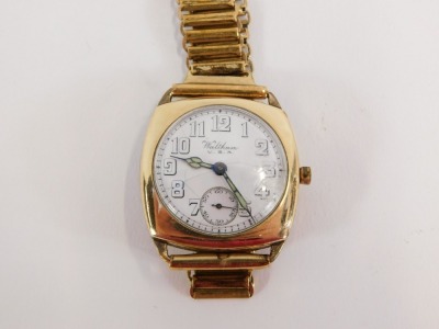 A Waltham USA gold plated gentleman's wristwatch, on white enamel dial, with seconds dial and green hands, in a square case, on a linked gold plated bracelet. (AF) - 2